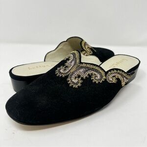 Bettye Muller Black Mules with Gold Embroidery
